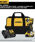 Compact 20V Max Brushless Cordless Impact Driver Kit With Battery And Charger includes impact driver, charger, battery, kit bag.