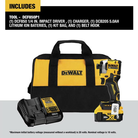 Compact 20V Max Brushless Cordless Impact Driver Kit With Battery And Charger includes impact driver, charger, battery, kit bag.