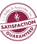 J.J. Keller & Associates Satisfaction Guaranteed logo design in maroon and white, featuring a circular seal format.