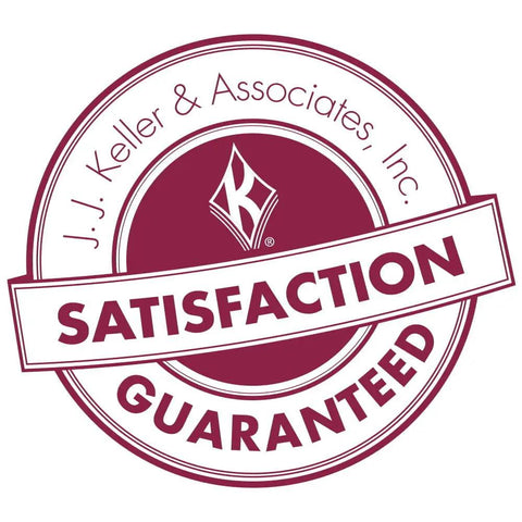 J.J. Keller & Associates Satisfaction Guaranteed logo design in maroon and white, featuring a circular seal format.
