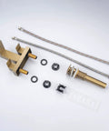 4 Inch Centerset Bathroom Waterfall Faucet With Two Handles For 3-Hole Lavatory Vanity, Brushed Gold Finish, parts layout