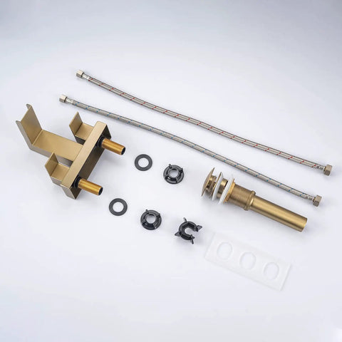 4 Inch Centerset Bathroom Waterfall Faucet With Two Handles For 3-Hole Lavatory Vanity, Brushed Gold Finish, parts layout