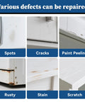 Various surface defects including spots, cracks, paint peeling, rust, stain, and scratch on household items repaired with White Multi Surface Touch Up Paint Pen For Walls Doors Cabinets Metal Appliances Wood And Furniture DIY Friendly Quick Dry Scratch Repair 1.5 Fl Oz Semi Gloss Finish.