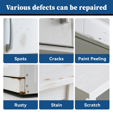 Various surface defects including spots, cracks, paint peeling, rust, stain, and scratch on household items repaired with White Multi Surface Touch Up Paint Pen For Walls Doors Cabinets Metal Appliances Wood And Furniture DIY Friendly Quick Dry Scratch Repair 1.5 Fl Oz Semi Gloss Finish.