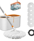 Spin Mop And Bucket Set With Wringer System And 61 Inch Extendable Stainless Steel Handle For Easy No Sweat Home Floor Cleaning Includes 5 Replacement Mop Heads And 1 Cleaning Brush For Quick Streak Free Results.