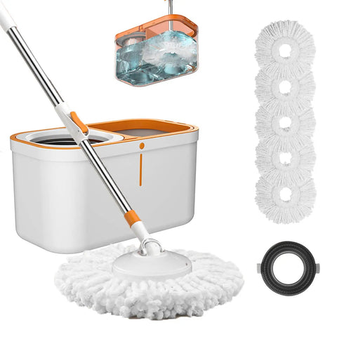 Spin Mop And Bucket Set With Wringer System And 61 Inch Extendable Stainless Steel Handle For Easy No Sweat Home Floor Cleaning Includes 5 Replacement Mop Heads And 1 Cleaning Brush For Quick Streak Free Results.