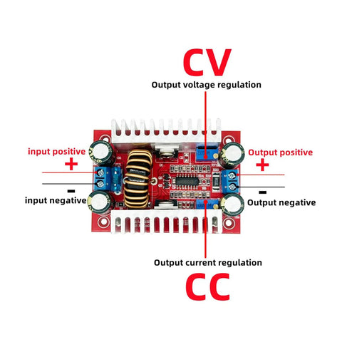 Kickass Four Pack Of 400 Watt Step Up Boost Converter Modules With Wide Adjustable Output Range and Heavy Duty 15 Amp Constant Current Regulation For Automotive And Tech Projects, PCB module showing input and output terminals.
