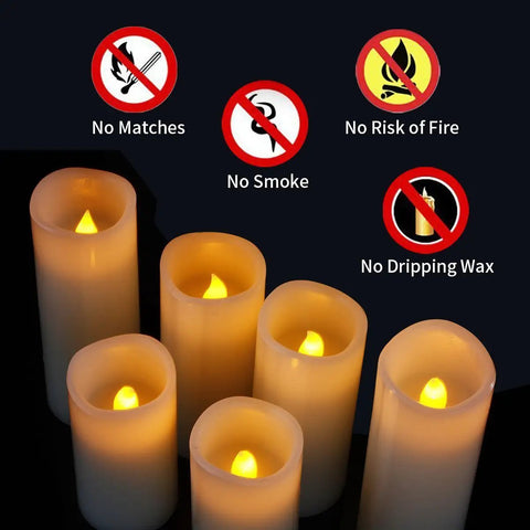 Flameless LED Candles Set Of 12 Ivory Real Wax Pillar Candles 2.2 Inch Diameter By 5 Inch Tall with safety icons.