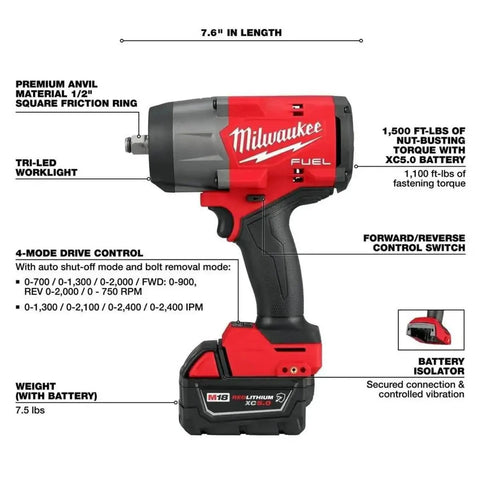 M18 FUEL 1/2 Inch Hi Torque And 3/8 Inch MTIW Automotive Combo Kit Red 3010-22 impact tool with battery and specs details