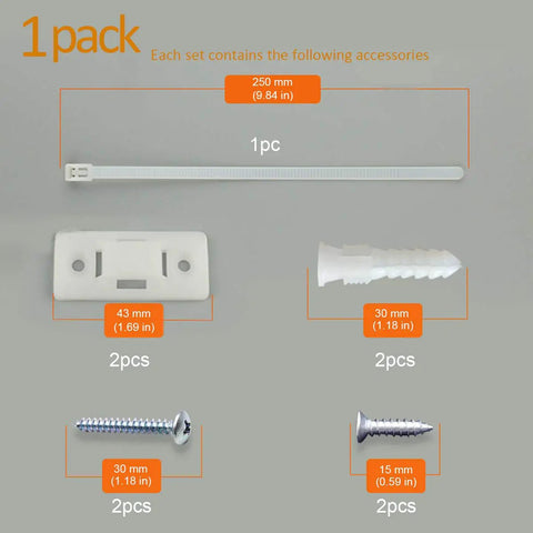 Contents of Heavy Duty Anti Tip Furniture Wall Straps Kit with screws and anchors, 6 pack, adjustable safety straps, white.