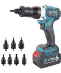 A Straight Up Badass Cordless Electric Rivet Nut Gun Set Built With Automatic M3 To M12 Ram Head Specs with battery and attachments.
