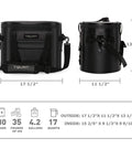 Heavy Duty Soft Sided Cooler Bag In Sleek Black With Thick Thermal Wrap To Keep Your Stash Bone Cold And Fully Leak Proof Carry All fits thirty cans, showcasing dimensions and capacity.