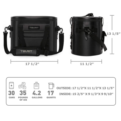 Heavy Duty Soft Sided Cooler Bag In Sleek Black With Thick Thermal Wrap To Keep Your Stash Bone Cold And Fully Leak Proof Carry All fits thirty cans, showcasing dimensions and capacity.