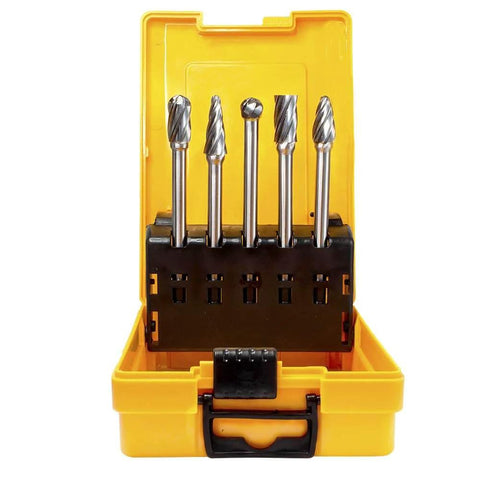 Five Piece One Quarter Inch Aluma Cut Carbide Burr Set With Four Point Four Inch Shank, Pro Grade Single Cut Tungsten Rotary Burrs in case.