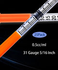 No Sweat 0.5 Ml Syringe With 31G 5/16 Inch Needle Pack Of 25 Sterile And Individually Bagged For Spot On Measurements Smooth Plunger Glide Rock Solid Grip, featuring clear barrel and orange cap.