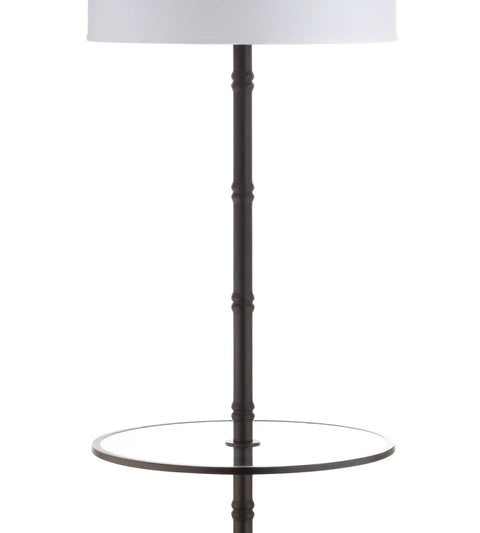 Oil Rubbed Bronze LED Floor Lamp With Built-In End Table, 62-Inch Tripod-Style Standing Light, White Linen Drum Shade