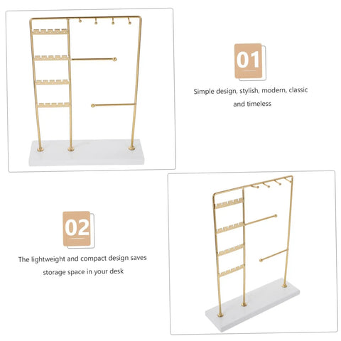 Spin Your Daily Drip Easily With This Smooth Rotating Jewelry Tree Stand Constructed From Premium Iron And Solid Marble For Necklaces And Earrings Storage, showing gold metal arms and solid marble base.