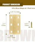 Eight 2.5 Inch Brass Butt Hinges Set for Cabinet Doors, Boxes, Jewelry Boxes, and Small Furniture in Gold Finish with screws