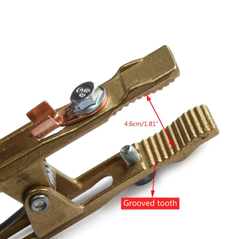 Heavy Duty A-Shape Metal Ground Welding Earth Clamp With Copper Grip Clip For Reliable Argon And Arc Welder Machine Ground Cable Connection Secure Lock close-up showing grooved tooth and copper grip.