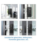 Straight Up Tuya WiFi Smart Fingerprint Lock For Wooden And Glass Doors With App Remote Control installed on glass doors in office settings.