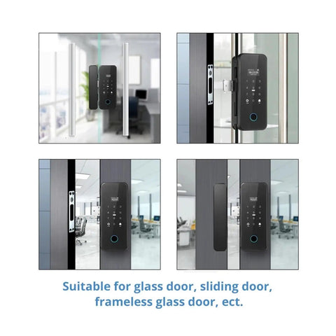 Straight Up Tuya WiFi Smart Fingerprint Lock For Wooden And Glass Doors With App Remote Control installed on glass doors in office settings.