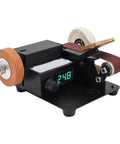 No Sweat Pneumatic Mini Belt Sander With Variable Speed Air Motor And Standard Hose Hookup For Cramped Joints Fine Detail Work Multi Material Sanding Tool on a black base with digital display.