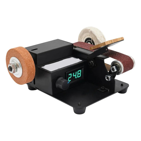 No Sweat Pneumatic Mini Belt Sander With Variable Speed Air Motor And Standard Hose Hookup For Cramped Joints Fine Detail Work Multi Material Sanding Tool on a black base with digital display.