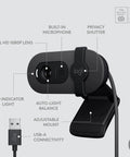 Straight Up Full HD 1080P Business Webcam With Intelligent Auto Light Tuning For Razor Sharp Virtual Meetings And Google Meet Certified showing adjustable mount and USB connection.