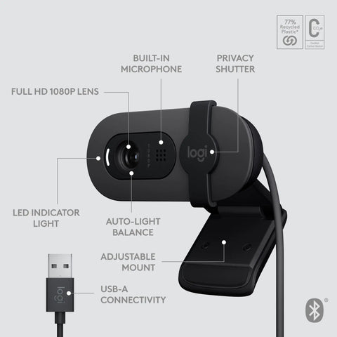 Straight Up Full HD 1080P Business Webcam With Intelligent Auto Light Tuning For Razor Sharp Virtual Meetings And Google Meet Certified showing adjustable mount and USB connection.