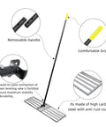 Diagram of Pro Grade Lawn Leveling Rake With Stainless Steel Pole, showing removable handle, grip, and high carbon steel head.
