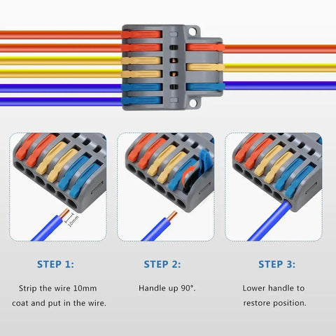 52 Piece Wire Connectors Kit For 28 12 AWG Quick Connect Lever Nuts Multi Model Set showing wire connection steps