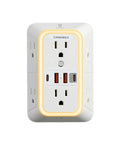 Heavy Duty Multi Plug Wall Outlet Extender Pack With Six AC Receptacles And Four USB Ports Delivering 20W Fast Charge, front view