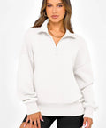 Model wearing Women Half Zip Oversized Sweatshirt Fleece Hoodie With Plush Lining Cozy Long Sleeve Pullover Top For Fall Travel Y2K Vibe Trendy 2026 Wardrobe Essential White Size M