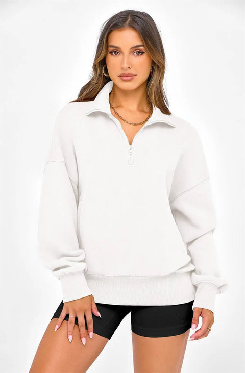Model wearing Women Half Zip Oversized Sweatshirt Fleece Hoodie With Plush Lining Cozy Long Sleeve Pullover Top For Fall Travel Y2K Vibe Trendy 2026 Wardrobe Essential White Size M