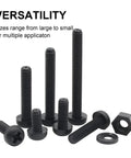 M3 Black Nylon Screw And Bolt Assortment featuring pan and round heads, heavy-duty plastic fasteners in various sizes.