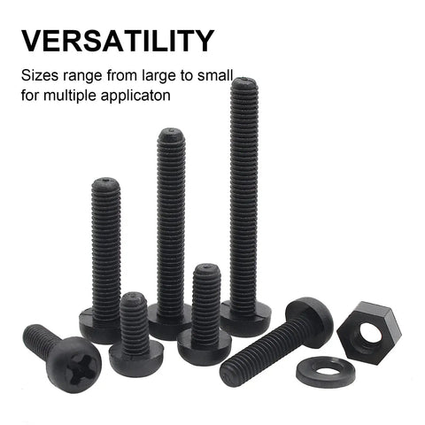 M3 Black Nylon Screw And Bolt Assortment featuring pan and round heads, heavy-duty plastic fasteners in various sizes.