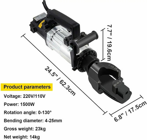 Heavy Duty Portable Electric Hydraulic Rebar Bender Pliers For Steel Bar Bending And Shearing Cuts Up To One Inch, 1500W motor