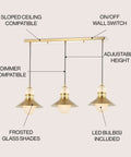 35 Inch Brass Gold Modern Retro Hurricane LED Pendant Light Fixture With Adjustable Hanging Height Frosted White Glass And Metal Shade Kitchen Island Bar Decor Dream Setup Includes LED Bulbs, showing adjustable height feature and LED compatibility.