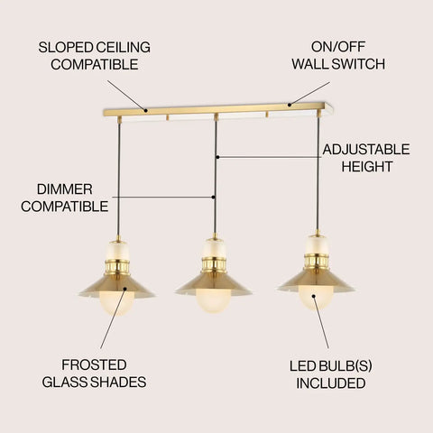 35 Inch Brass Gold Modern Retro Hurricane LED Pendant Light Fixture With Adjustable Hanging Height Frosted White Glass And Metal Shade Kitchen Island Bar Decor Dream Setup Includes LED Bulbs, showing adjustable height feature and LED compatibility.