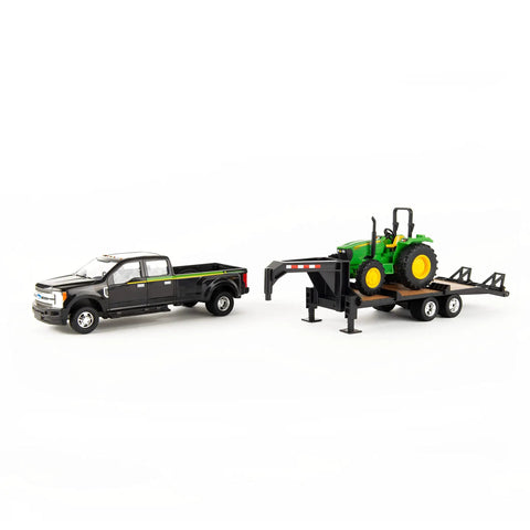 Ford F350 Pickup And John Deere Tractor Toy Set With Gooseneck Trailer, 1:32 scale, showing tractor on trailer for kids