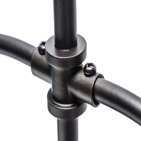 Close-up of adjustable rod connector for Three Light Pendant In Oil Rubbed Bronze With Clear Glass Shades, Classic Vintage Industrial Vibe For Any Ceiling, Adjustable Three Rod Suspension, Bulbs Not Included
