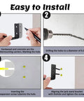 Installation steps for Eight Pack Jack Stand Wall Mount Organizer, showing drilling, aligning, and securing wall bracket with screws.