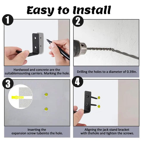 Installation steps for Eight Pack Jack Stand Wall Mount Organizer, showing drilling, aligning, and securing wall bracket with screws.