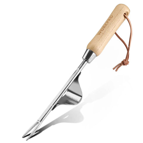 Weed Puller Tool With Metal Leverage Base And V Shaped Forks For Deep Root Digging No Fuss Weed Removal Easy Garden Clean Up Heavy Duty Stainless Steel With Wood Handle Hand Weeder For Gardening, showing a side view