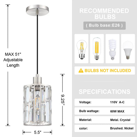 Three Pack Crystal Hanging Pendant Lights 5.5 Inch With Brushed Nickel Finish for Kitchen Island Bar detailed dimensions and bulb specs