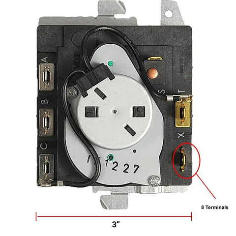Dryer Cycle Control Timer For Norm Pacific TMD1EM03 234D1296P005 Replacement OEM Part showing 8 terminals and 3-inch width