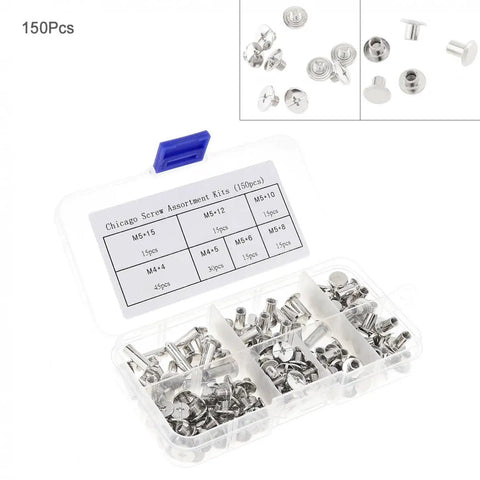 Heavy Duty Chicago Screws Assortment Kit With 304 Stainless Steel Binding Posts and Book Fasteners, 150 pieces, organized in case.