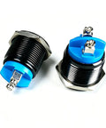 Two Pack 22mm Momentary Push Button Switch 1NO SPST With Screw Terminals 3A Rating At 12V 24V 36V DC And 110V 250V AC IP65 Waterproof Aluminum Alloy Shell Black Finish Easy Wire Contact, front view