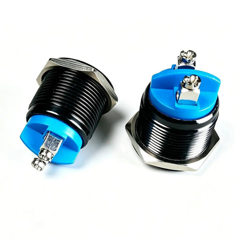 Two Pack 22mm Momentary Push Button Switch 1NO SPST With Screw Terminals 3A Rating At 12V 24V 36V DC And 110V 250V AC IP65 Waterproof Aluminum Alloy Shell Black Finish Easy Wire Contact, front view