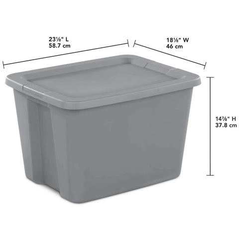 Hella Spacious 50 Gallon Storage Bin Heavy Duty Plastic Tote With Rock Solid Snap On Lid Gray, dimensions shown, ideal for organizing.
